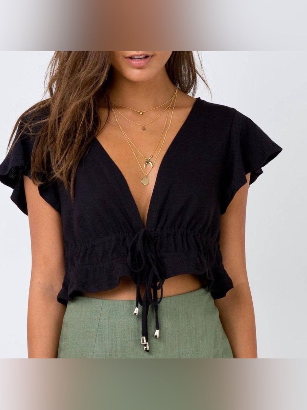 Princess Polly Black V-Neck Ruffle Drawstring Crop Top